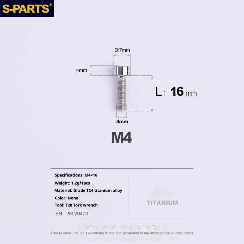 S-PARTS Column Head M4 Titanium Screws | L06-50mm | Lightweight TC4 Bolts for Bike Motorcycle Equipment - Detail 48