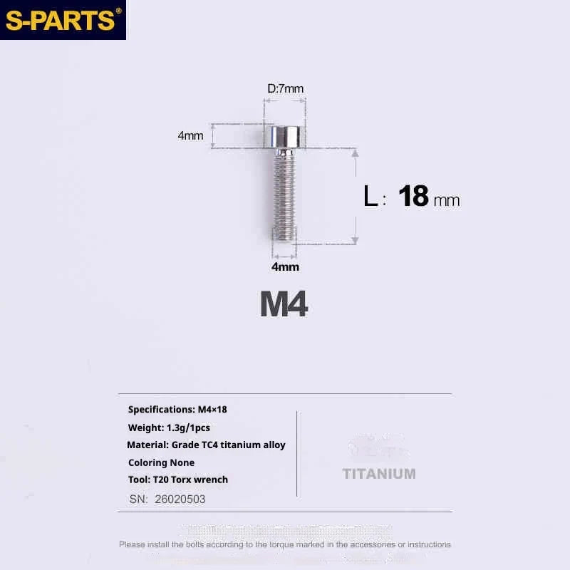 S-PARTS Column Head M4 Titanium Screws | L06-50mm | Lightweight TC4 Bolts for Bike Motorcycle Equipment - Detail 55