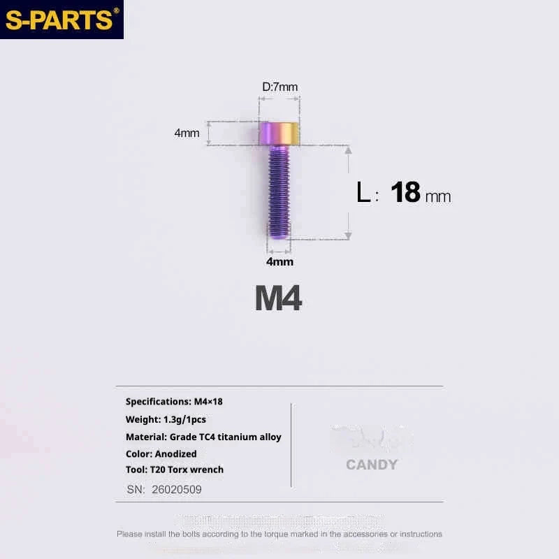 S-PARTS Column Head M4 Titanium Screws | L06-50mm | Lightweight TC4 Bolts for Bike Motorcycle Equipment - Detail 60