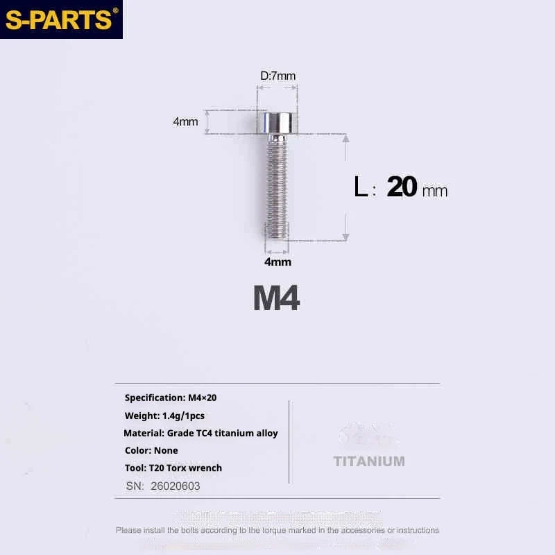 S-PARTS Column Head M4 Titanium Screws | L06-50mm | Lightweight TC4 Bolts for Bike Motorcycle Equipment - Detail 68