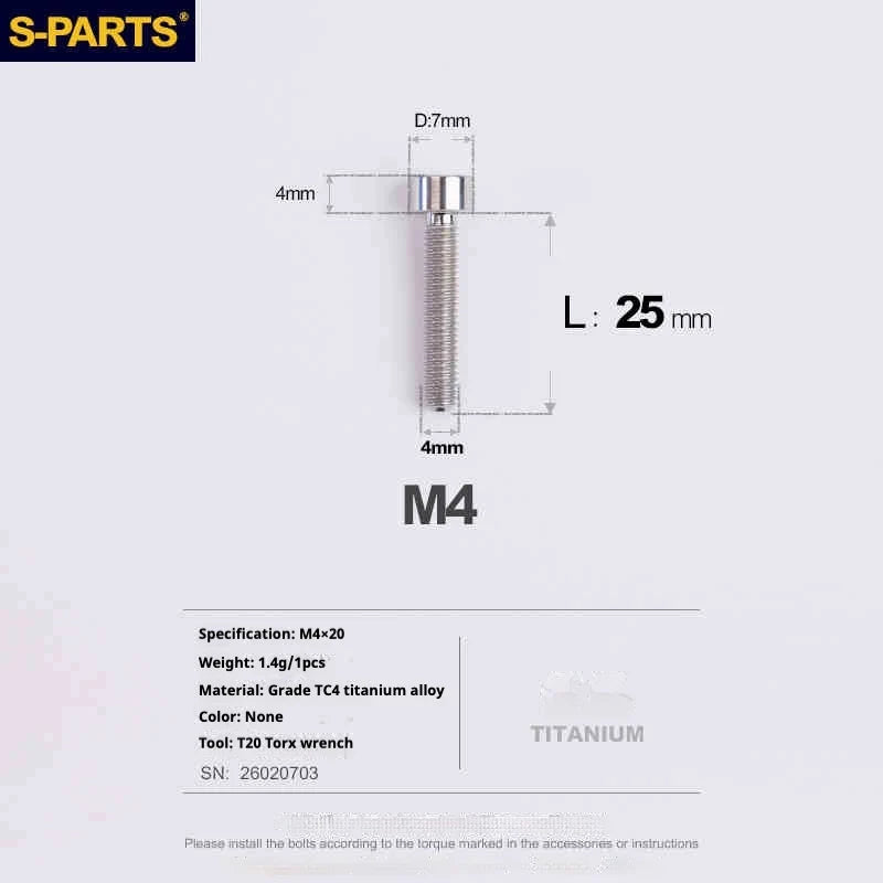 S-PARTS Column Head M4 Titanium Screws | L06-50mm | Lightweight TC4 Bolts for Bike Motorcycle Equipment - Detail 71