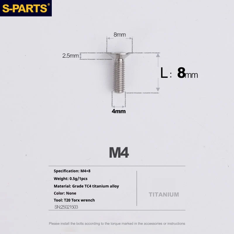 S-PARTS Countersunk Head M4 Titanium Screws | L08-45mm | TC4 Lightweight Bolts for Bike Motorcycle Car - Detail 6