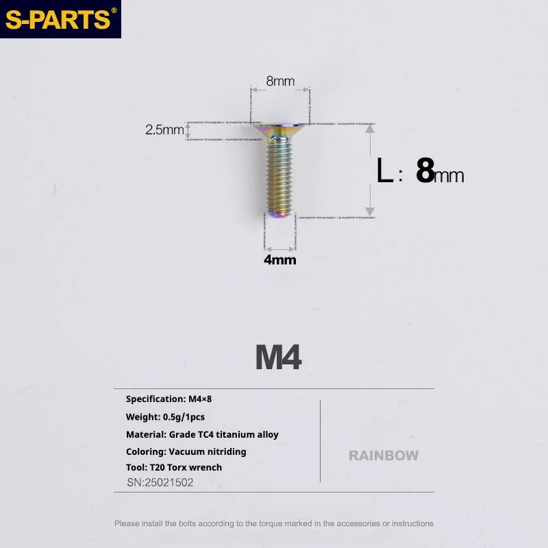 S-PARTS Countersunk Head M4 Titanium Screws | L08-45mm | TC4 Lightweight Bolts for Bike Motorcycle Car - Detail 7
