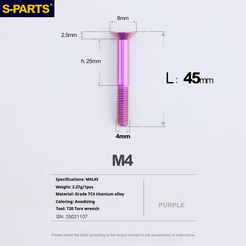 S-PARTS Countersunk Head M4 Titanium Screws | L08-45mm | TC4 Lightweight Bolts for Bike Motorcycle Car - Detail 100