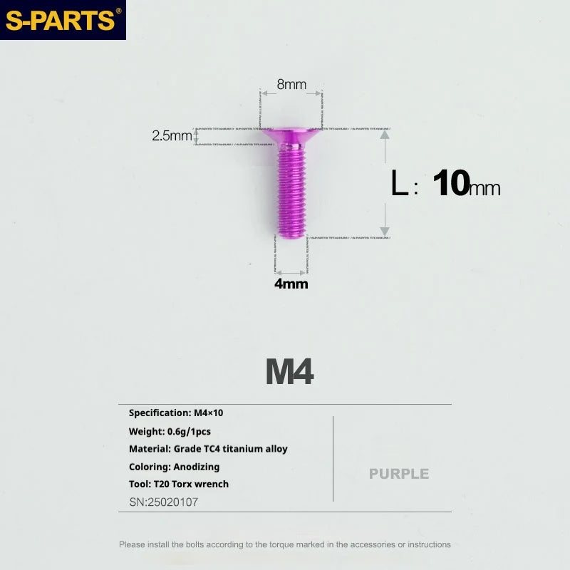 S-PARTS Countersunk Head M4 Titanium Screws | L08-45mm | TC4 Lightweight Bolts for Bike Motorcycle Car - Detail 18