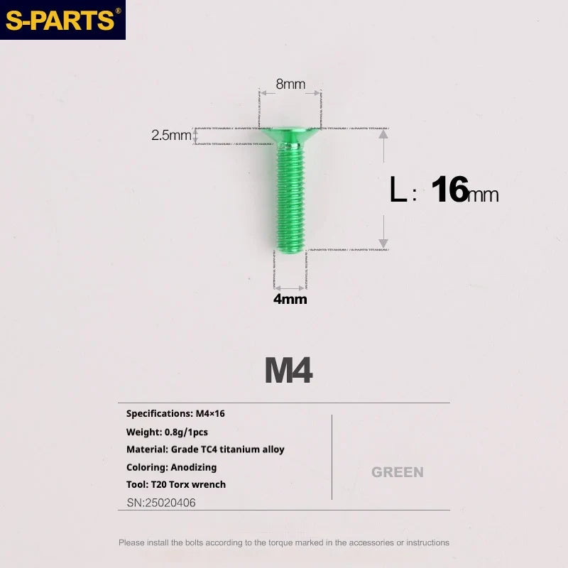 S-PARTS Countersunk Head M4 Titanium Screws | L08-45mm | TC4 Lightweight Bolts for Bike Motorcycle Car - Detail 38