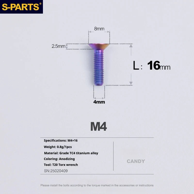 S-PARTS Countersunk Head M4 Titanium Screws | L08-45mm | TC4 Lightweight Bolts for Bike Motorcycle Car - Detail 41