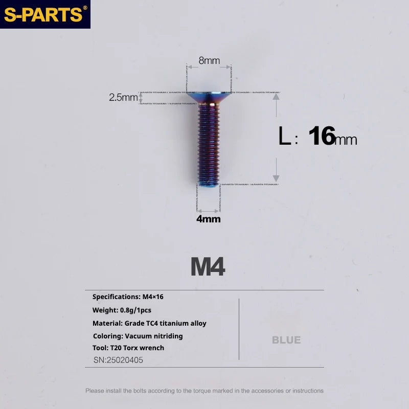 S-PARTS Countersunk Head M4 Titanium Screws | L08-45mm | TC4 Lightweight Bolts for Bike Motorcycle Car - Detail 42