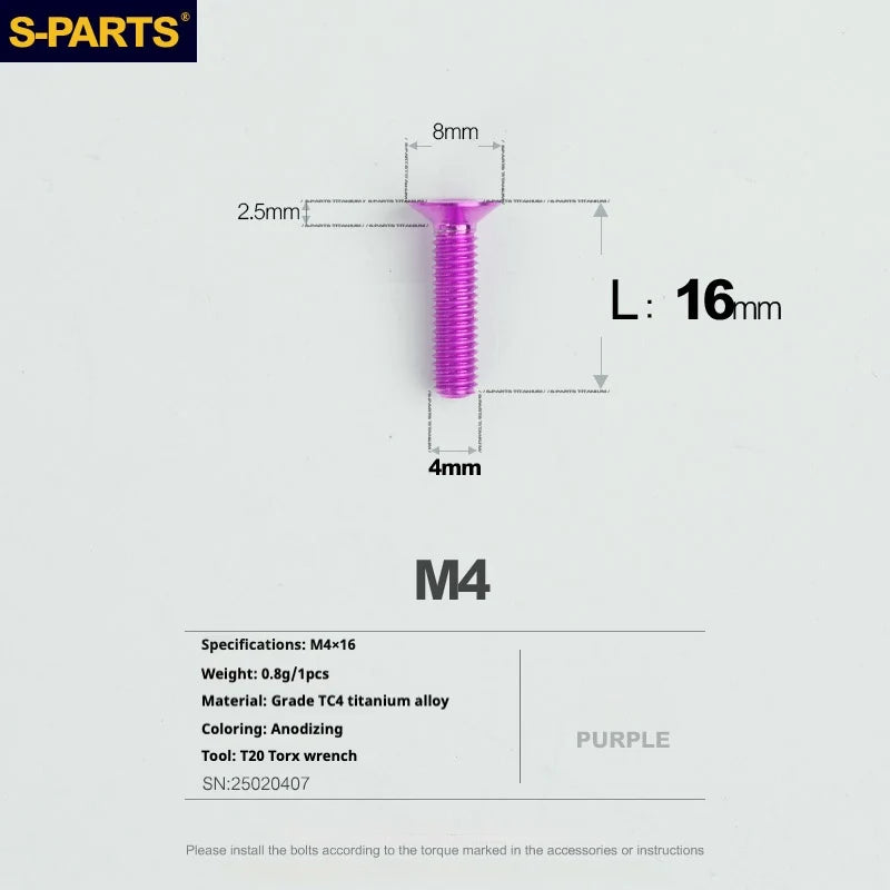 S-PARTS Countersunk Head M4 Titanium Screws | L08-45mm | TC4 Lightweight Bolts for Bike Motorcycle Car - Detail 44