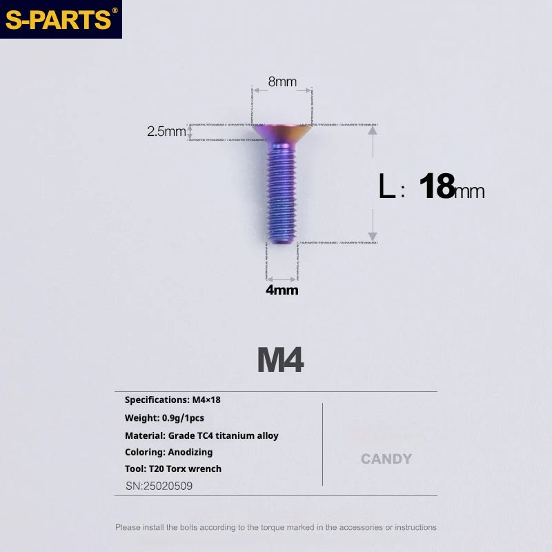 S-PARTS Countersunk Head M4 Titanium Screws | L08-45mm | TC4 Lightweight Bolts for Bike Motorcycle Car - Detail 51