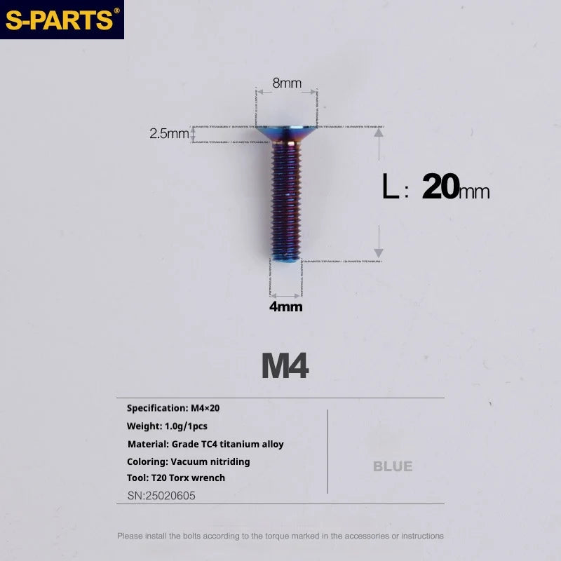 S-PARTS Countersunk Head M4 Titanium Screws | L08-45mm | TC4 Lightweight Bolts for Bike Motorcycle Car - Detail 54