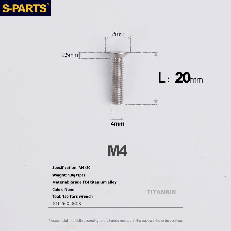 S-PARTS Countersunk Head M4 Titanium Screws | L08-45mm | TC4 Lightweight Bolts for Bike Motorcycle Car - Detail 56