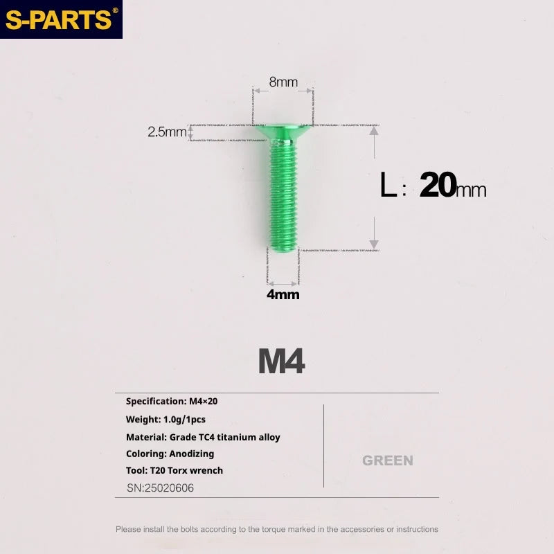S-PARTS Countersunk Head M4 Titanium Screws | L08-45mm | TC4 Lightweight Bolts for Bike Motorcycle Car - Detail 60