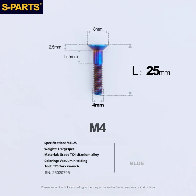 S-PARTS Countersunk Head M4 Titanium Screws | L08-45mm | TC4 Lightweight Bolts for Bike Motorcycle Car - Detail 62