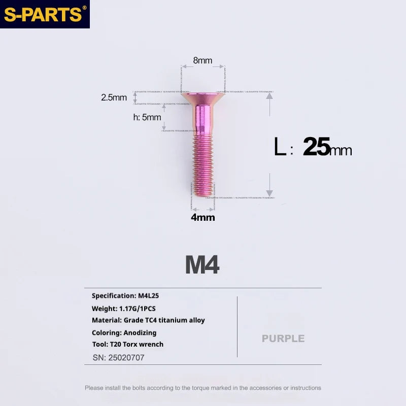 S-PARTS Countersunk Head M4 Titanium Screws | L08-45mm | TC4 Lightweight Bolts for Bike Motorcycle Car - Detail 64