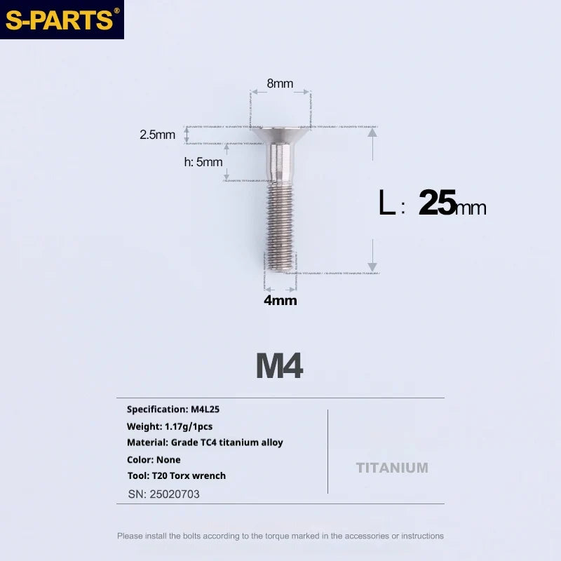 S-PARTS Countersunk Head M4 Titanium Screws | L08-45mm | TC4 Lightweight Bolts for Bike Motorcycle Car - Detail 67