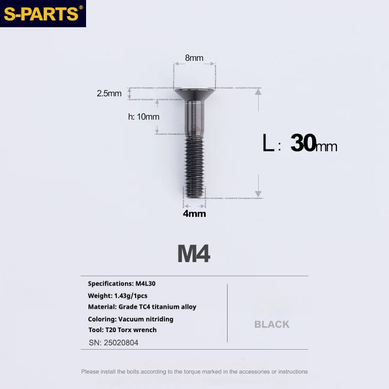 S-PARTS Countersunk Head M4 Titanium Screws | L08-45mm | TC4 Lightweight Bolts for Bike Motorcycle Car - Detail 70