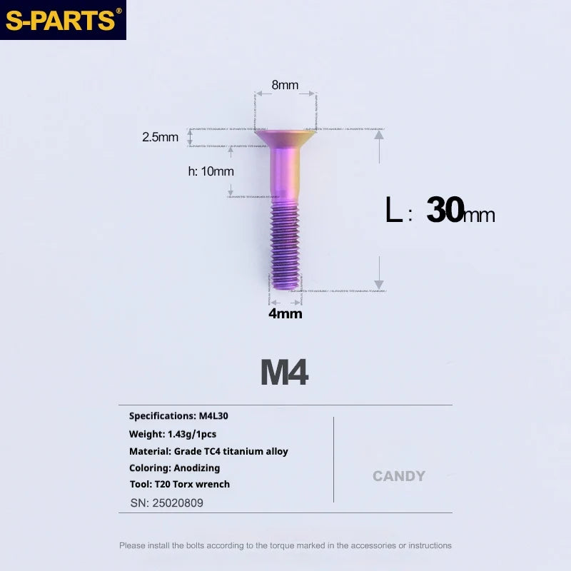 S-PARTS Countersunk Head M4 Titanium Screws | L08-45mm | TC4 Lightweight Bolts for Bike Motorcycle Car - Detail 73