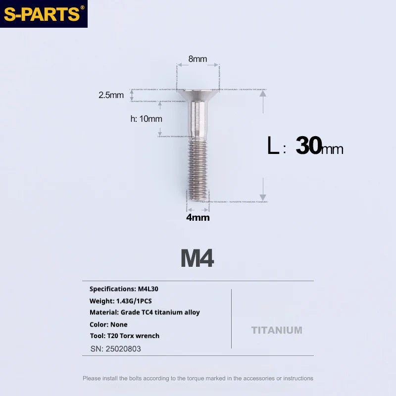 S-PARTS Countersunk Head M4 Titanium Screws | L08-45mm | TC4 Lightweight Bolts for Bike Motorcycle Car - Detail 74