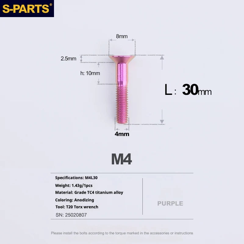 S-PARTS Countersunk Head M4 Titanium Screws | L08-45mm | TC4 Lightweight Bolts for Bike Motorcycle Car - Detail 75
