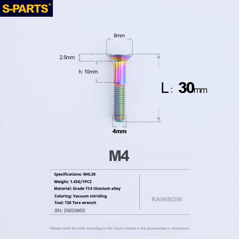 S-PARTS Countersunk Head M4 Titanium Screws | L08-45mm | TC4 Lightweight Bolts for Bike Motorcycle Car - Detail 76