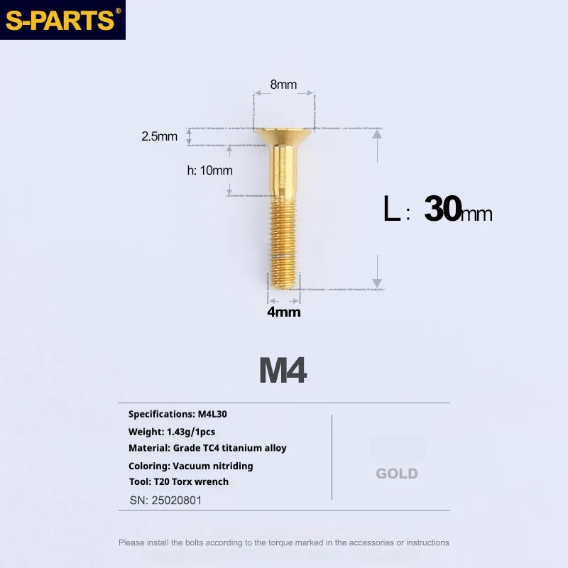 S-PARTS Countersunk Head M4 Titanium Screws | L08-45mm | TC4 Lightweight Bolts for Bike Motorcycle Car - Detail 77