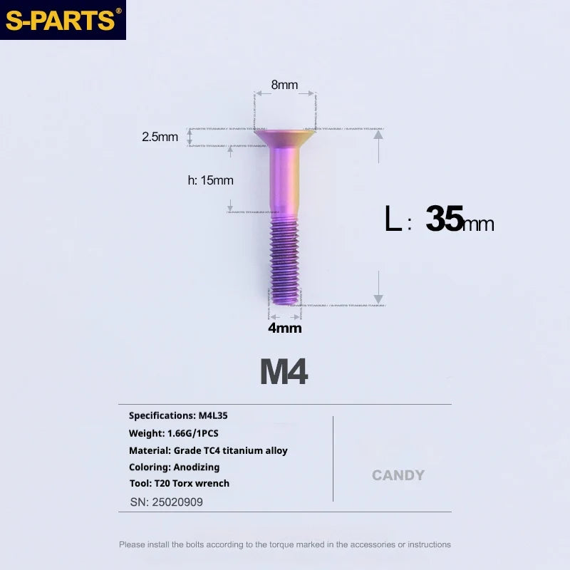 S-PARTS Countersunk Head M4 Titanium Screws | L08-45mm | TC4 Lightweight Bolts for Bike Motorcycle Car - Detail 79