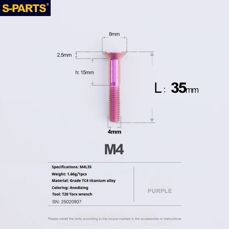 S-PARTS Countersunk Head M4 Titanium Screws | L08-45mm | TC4 Lightweight Bolts for Bike Motorcycle Car - Detail 81