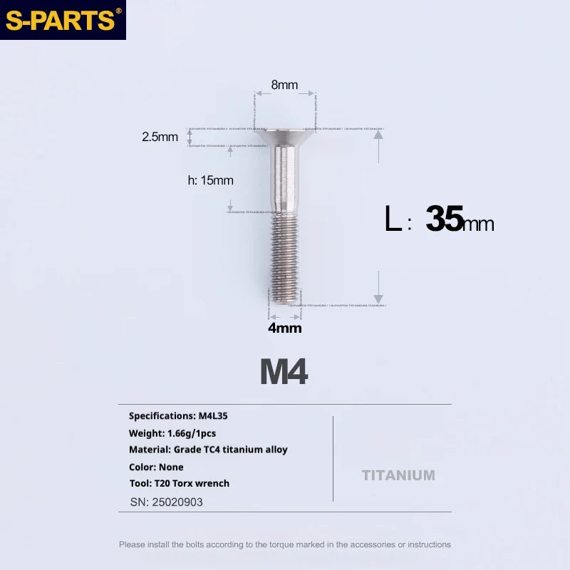 S-PARTS Countersunk Head M4 Titanium Screws | L08-45mm | TC4 Lightweight Bolts for Bike Motorcycle Car - Detail 82
