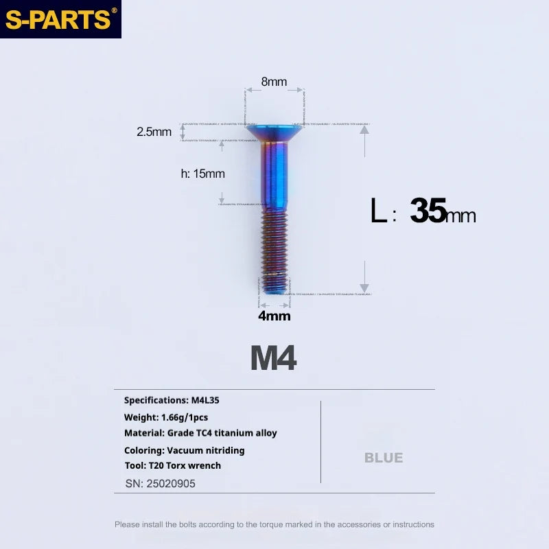 S-PARTS Countersunk Head M4 Titanium Screws | L08-45mm | TC4 Lightweight Bolts for Bike Motorcycle Car - Detail 84