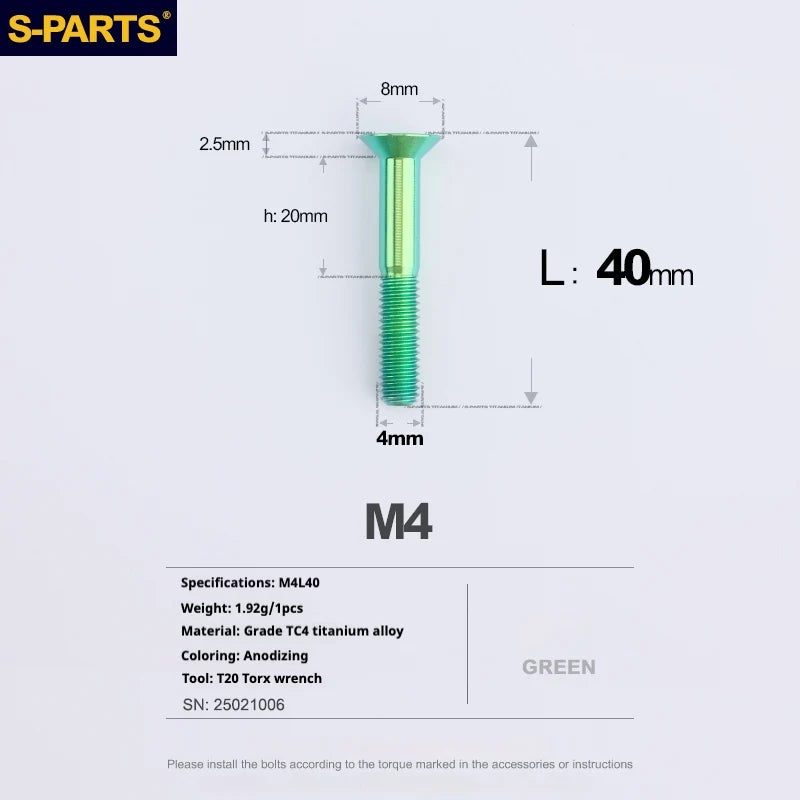 S-PARTS Countersunk Head M4 Titanium Screws | L08-45mm | TC4 Lightweight Bolts for Bike Motorcycle Car - Detail 86
