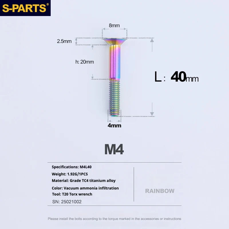 S-PARTS Countersunk Head M4 Titanium Screws | L08-45mm | TC4 Lightweight Bolts for Bike Motorcycle Car - Detail 89
