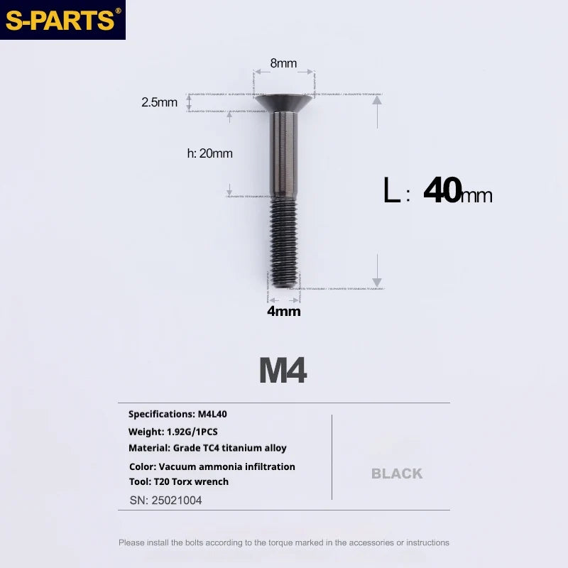 S-PARTS Countersunk Head M4 Titanium Screws | L08-45mm | TC4 Lightweight Bolts for Bike Motorcycle Car - Detail 91