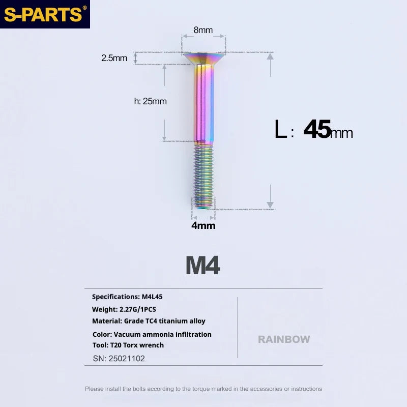 S-PARTS Countersunk Head M4 Titanium Screws | L08-45mm | TC4 Lightweight Bolts for Bike Motorcycle Car - Detail 94