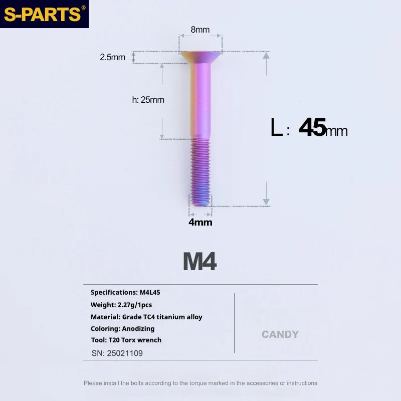 S-PARTS Countersunk Head M4 Titanium Screws | L08-45mm | TC4 Lightweight Bolts for Bike Motorcycle Car - Detail 95