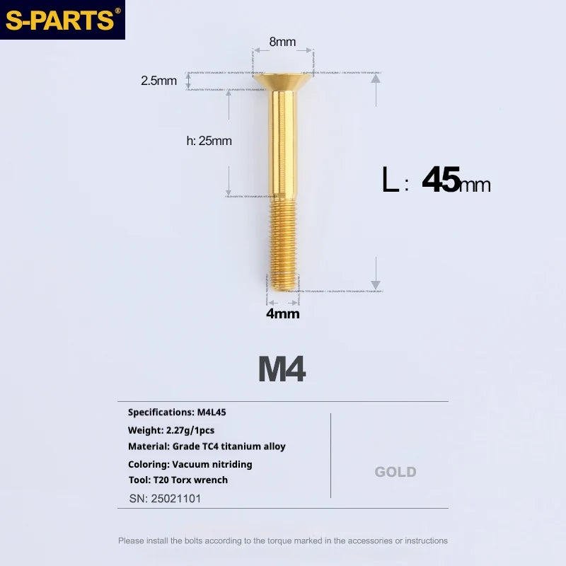 S-PARTS Countersunk Head M4 Titanium Screws | L08-45mm | TC4 Lightweight Bolts for Bike Motorcycle Car - Detail 96