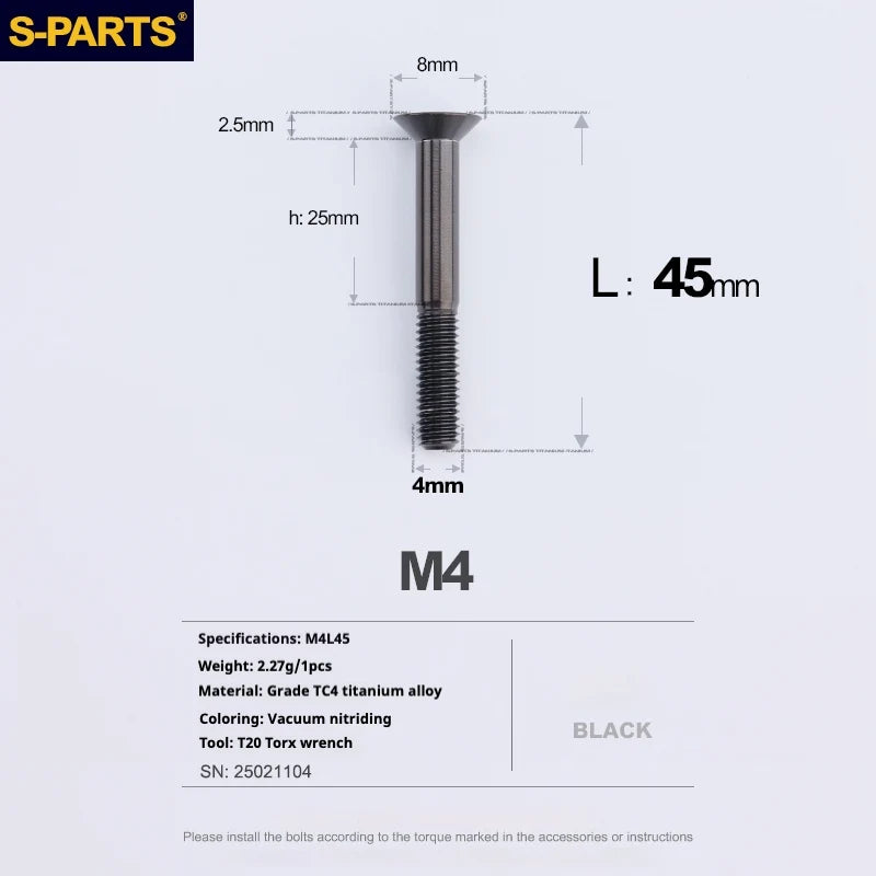 S-PARTS Countersunk Head M4 Titanium Screws | L08-45mm | TC4 Lightweight Bolts for Bike Motorcycle Car - Detail 97
