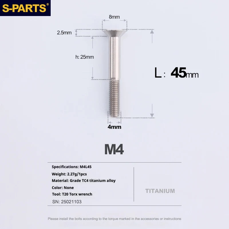 S-PARTS Countersunk Head M4 Titanium Screws | L08-45mm | TC4 Lightweight Bolts for Bike Motorcycle Car - Detail 98