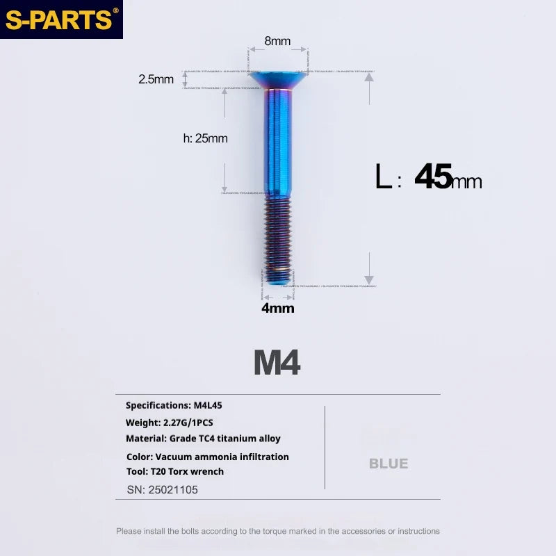S-PARTS Countersunk Head M4 Titanium Screws | L08-45mm | TC4 Lightweight Bolts for Bike Motorcycle Car - Detail 99