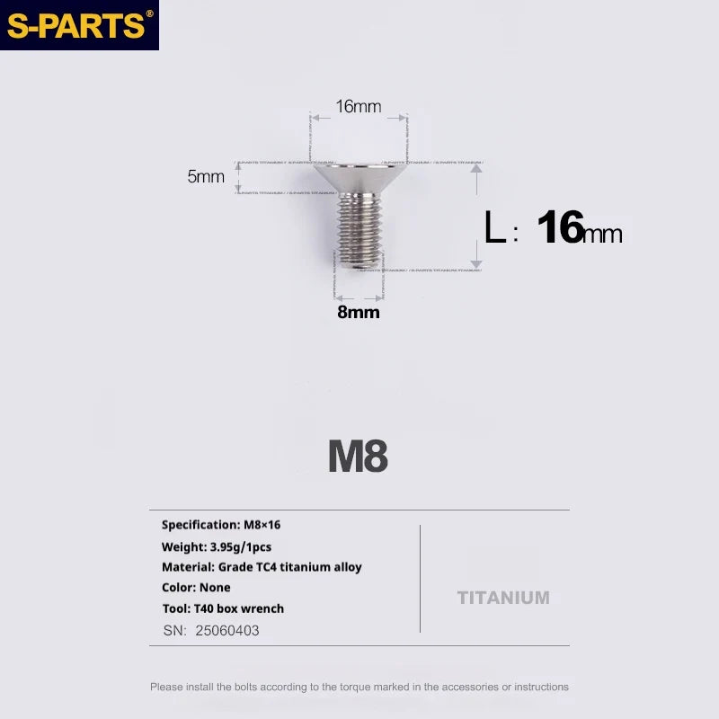 S-PARTS Countersunk Head series M8 L16-50mm Titanium Screws for Bike - Detail 5