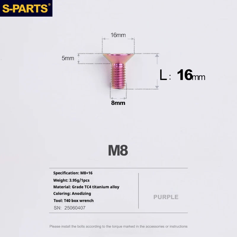 S-PARTS Countersunk Head series M8 L16-50mm Titanium Screws for Bike - Detail 10