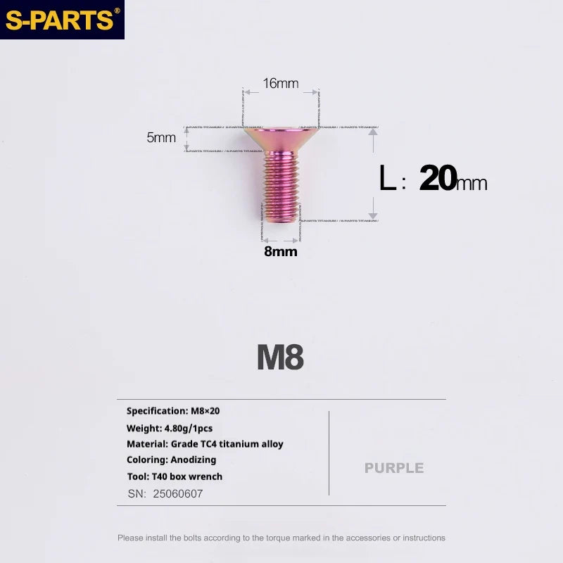 S-PARTS Countersunk Head series M8 L16-50mm Titanium Screws for Bike - Detail 12