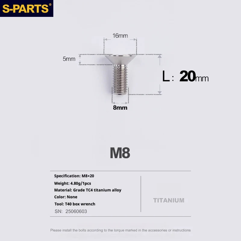 S-PARTS Countersunk Head series M8 L16-50mm Titanium Screws for Bike - Detail 15