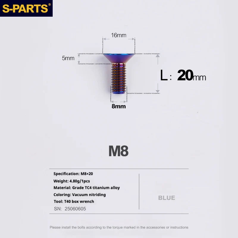 S-PARTS Countersunk Head series M8 L16-50mm Titanium Screws for Bike - Detail 16