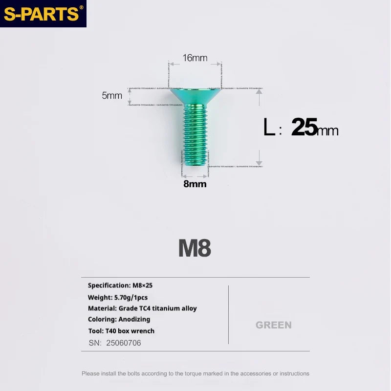 S-PARTS Countersunk Head series M8 L16-50mm Titanium Screws for Bike - Detail 19