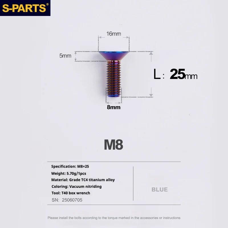 S-PARTS Countersunk Head series M8 L16-50mm Titanium Screws for Bike - Detail 21
