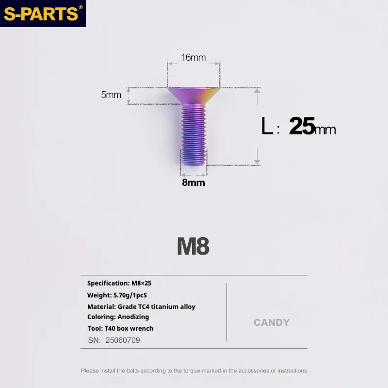 S-PARTS Countersunk Head series M8 L16-50mm Titanium Screws for Bike - Detail 22
