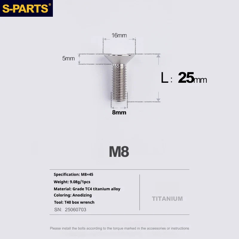 S-PARTS Countersunk Head series M8 L16-50mm Titanium Screws for Bike - Detail 25