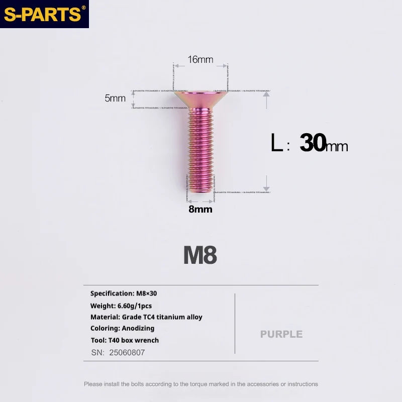 S-PARTS Countersunk Head series M8 L16-50mm Titanium Screws for Bike - Detail 26