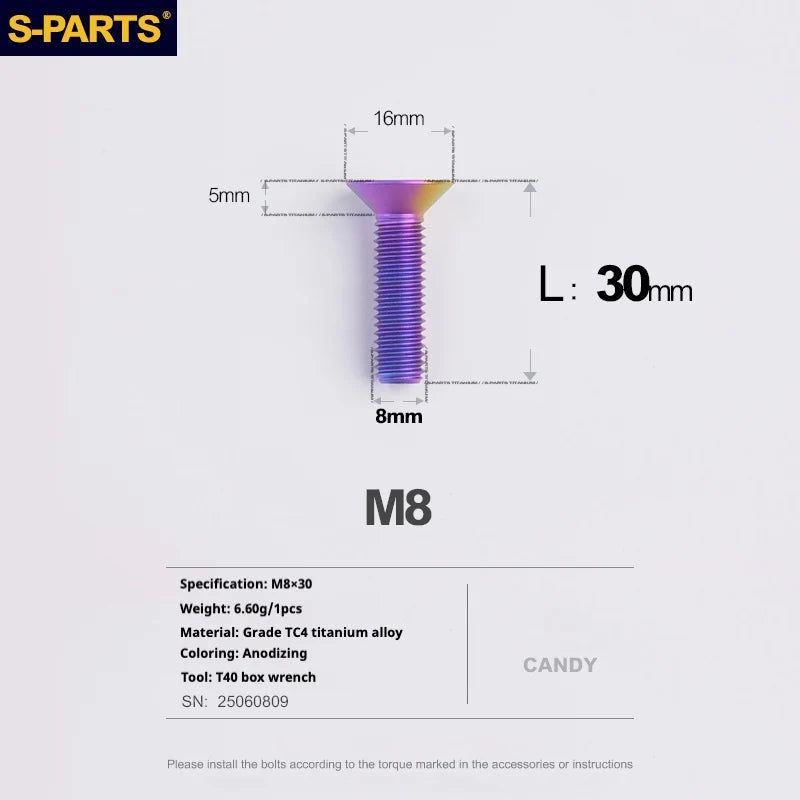 S-PARTS Countersunk Head series M8 L16-50mm Titanium Screws for Bike - Detail 27
